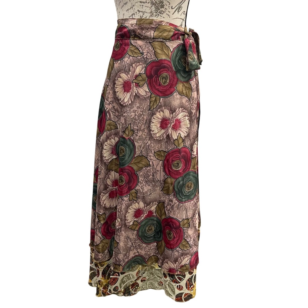 Reversible Silk Wrap Skirt Women OS Multicolor Floral Boho‎ Maxi Cottage Hippie